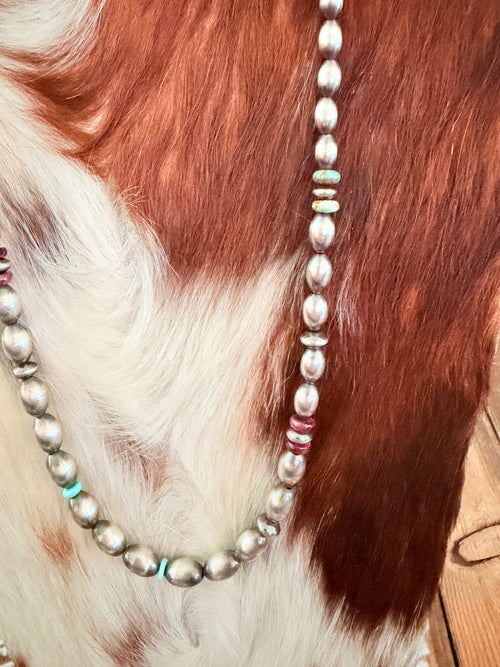 Handcrafted Turquoise, Spiny & Sterling Silver 20” Beaded Necklace