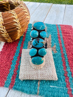 Old Pawn Handcrafted Turquoise & Sterling Silver Cluster Ring Size 8