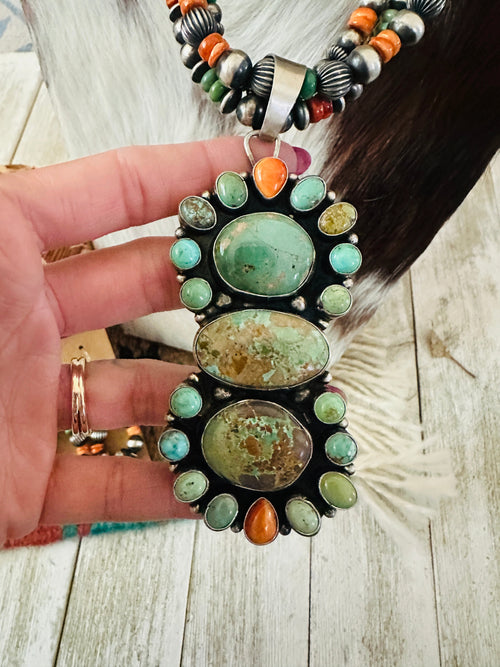 Handcrafted Vintage Old Pawn Turquoise, Spiny & Sterling Silver Beaded Necklace and Earring Set