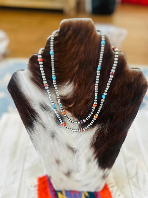 Navajo Sterling Silver, Spiny Oyster & Turquoise Beaded Necklace