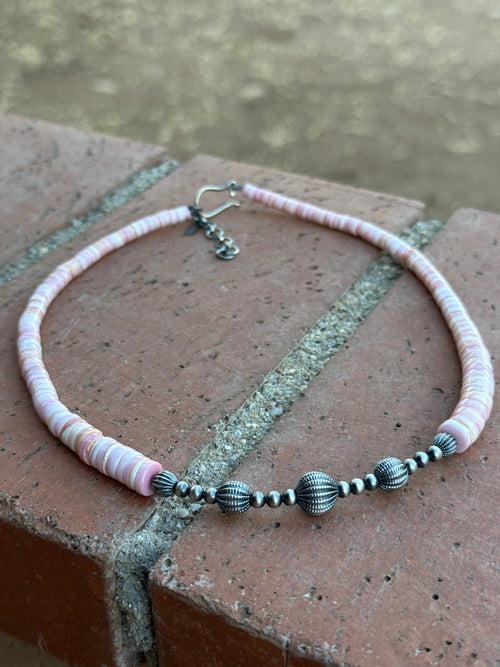 Handmade Pink Conch & Sterling Silver Beaded Necklace 18”-20” inch