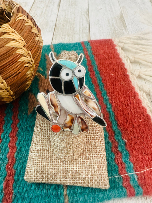 Old Pawn Zuni Sterling Silver & Multi Stone Inlay Owl Ring Size 7