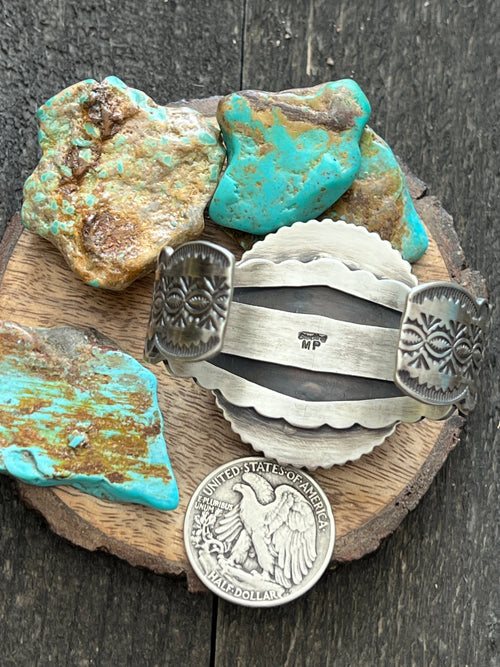 Navajo Hand Stamped Sterling Silver Split Cuff Bracelet with Spiny Oyster Shell by Murphy Platero