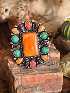 Electric Rainbow Handcrafted Turquoise and Spiny Oyster Cluster Ring by Bernyse Chavez, Adjustable