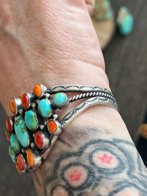 Navajo Hand Stamped Sterling Silver, Sonoran Turquoise and Spiny Oyster Shell Cluster Cuff Bracelet by Diane Wylie