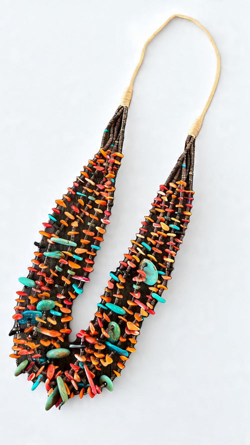 Gorgeous Santo Domingo Made Five Strand Spiny Oyster and Turquoise Beaded Squaw Wrap Necklace with Tabs by Daniel Coriz