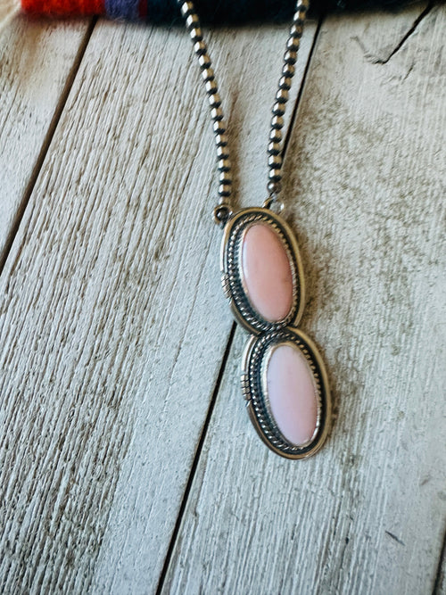 Navajo 2 Stone Queen Pink Conch & Sterling Silver Pearl Beaded Necklace