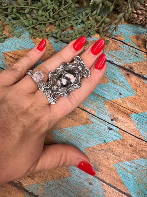 Handmade Sterling Silver & White Buffalo Adjustable Ring Signed Nizhoni