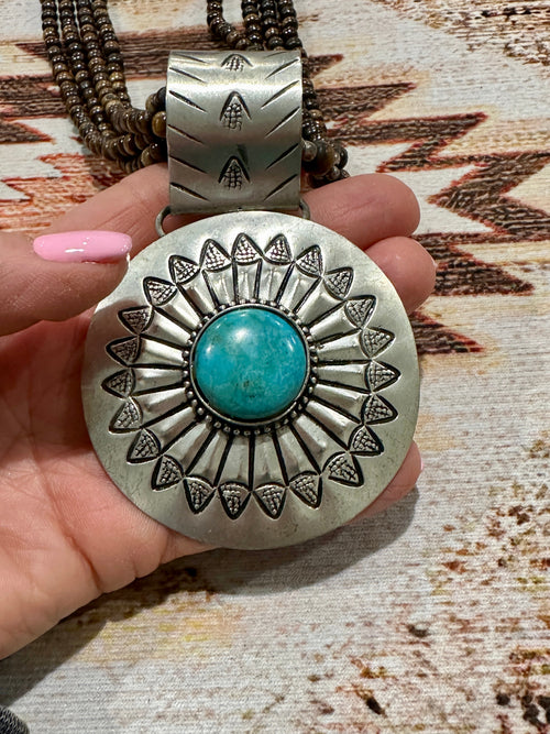 Silver-Plated Brass Sunflower Blue Accent Beaded Necklace