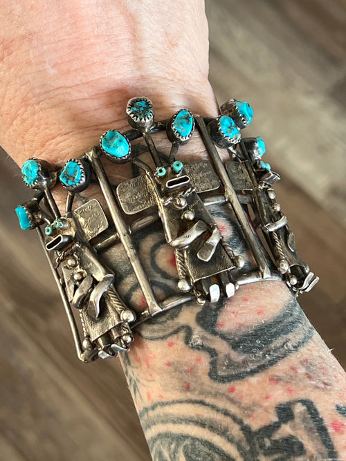 Amazing One of a Kind Antique Sterling Silver and Turquoise Yei Bi Chei Cuff Bracelet
