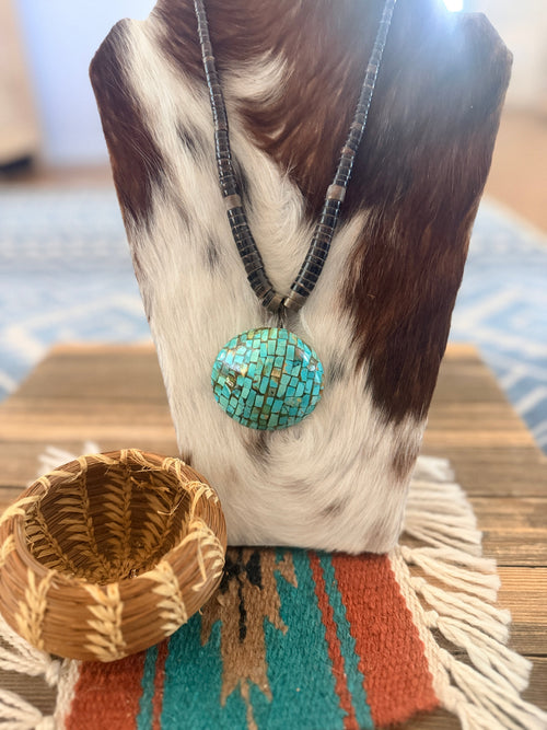 Old Pawn Handcrafted Turquoise and Heishi Shell Mosaic Inlay Beaded Necklace
