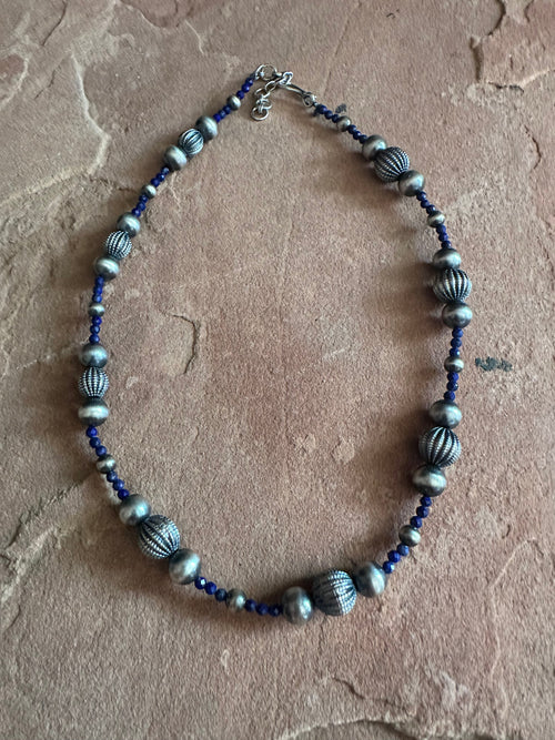 Handmade Sterling Silver & Lapis Beaded Necklace