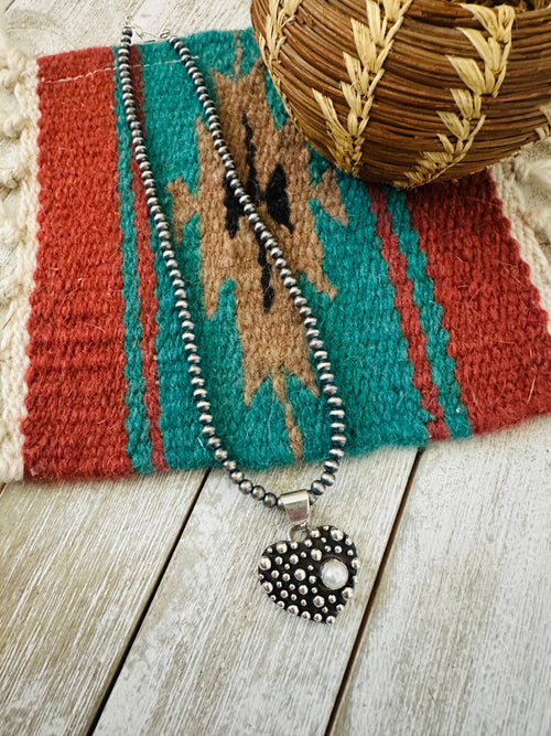 Navajo Freshwater Pearl & Sterling Silver Pearl Beaded Heart Necklace