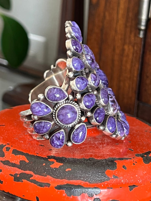 Navajo Sterling Silver and Charoite Cluster Cuff Bracelet by Tyler Brown