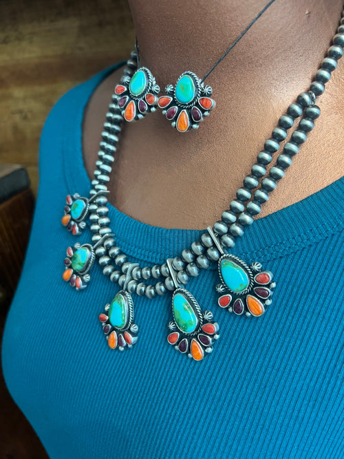 Navajo Made Sterling Silver Electric Rainbow Beaded Cluster Necklace & Earrings Set by Angela Martin