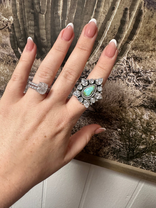 Beautiful Handmade Sonoran Mountain Turquoise , CZ And Sterling Silver Adjustable Ring