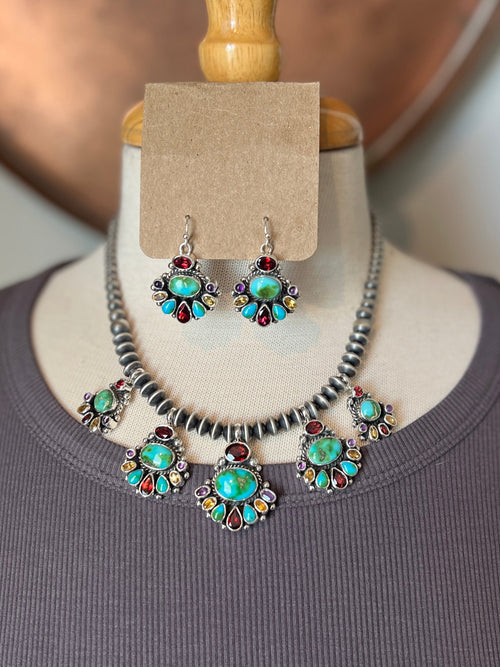 Navajo Made Sterling Silver Gems & Jewels Beaded Cluster Necklace and Earrings Set by Dianne Wylie