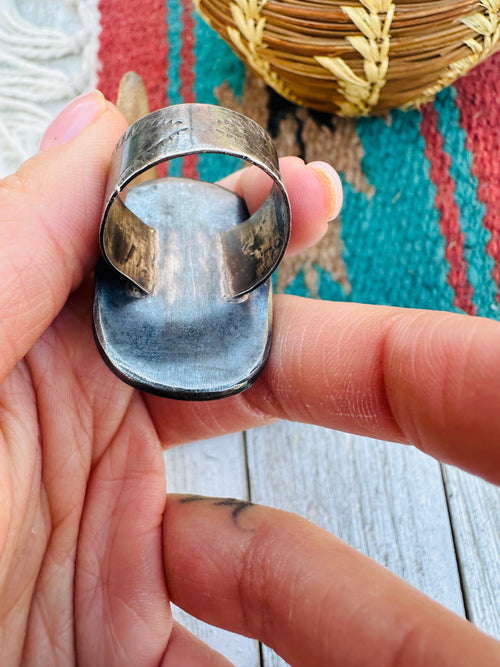 Old Pawn Navajo Sterling Silver, Turquoise & Coral Ring Size 11