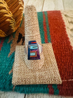 Old Pawn Handcrafted Multi Stone & Sterling Silver Inlay Ring Size 10