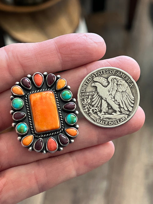 Electric Rainbow Handcrafted Turquoise and Spiny Oyster Cluster Ring by Bernyse Chavez, Adjustable