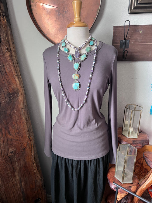 Tularosa Handcrafted Quahog Shell, Amethyst and Sterling Silver Beaded Necklace