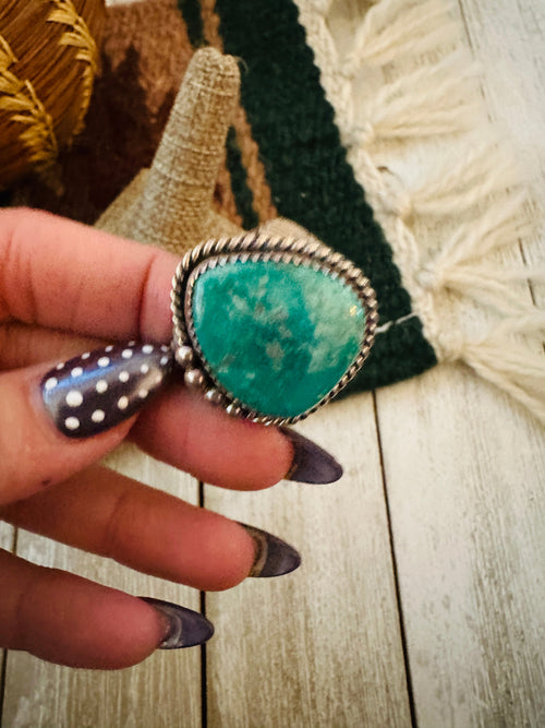 Old Pawn Handcrafted Turquoise & Sterling Silver Ring Size 13.75