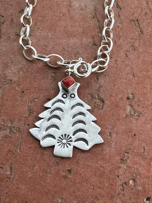 Handmade Sterling Silver and Coral CHRISTMAS TREE Charm