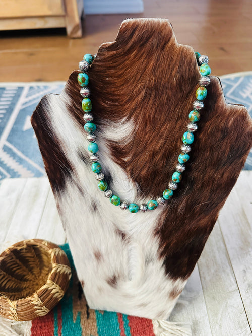 Handcrafted Sonoran Mountain Turquoise & Sterling Silver Pearl Beaded Necklace 16"