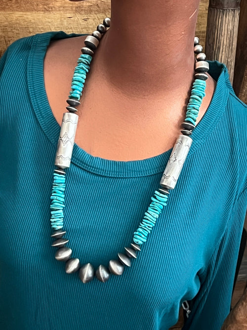 Navajo Sterling Silver and Kingman Turquoise Handmade Beaded Necklace by Rose Martin, 24 + 1-1/2 inches