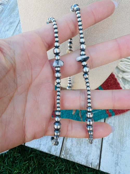 Handcrafted White Buffalo & Sterling Silver Navajo Pearl Style 24” Beaded Necklace