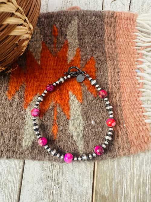 Navajo Pink Mojave and Sterling Silver Pearl Beaded Bracelet