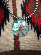 Old Pawn Handcrafted Mother of Pearl,Turquoise and Sterling Silver Inlay Brooch/ Pendant