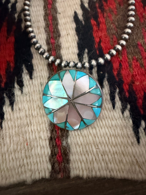 Old Pawn Handcrafted Mother of Pearl,Turquoise and Sterling Silver Inlay Brooch/ Pendant