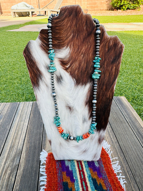 Handcrafted Turquoise, Spiny & Sterling Silver 24” Beaded Necklace by Chimney Butte