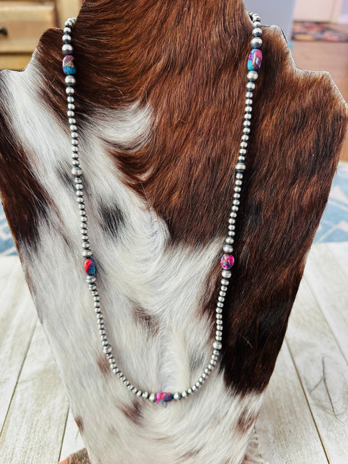 Navajo Sterling Silver & Pink Dream Mojave Beaded 24” Necklace