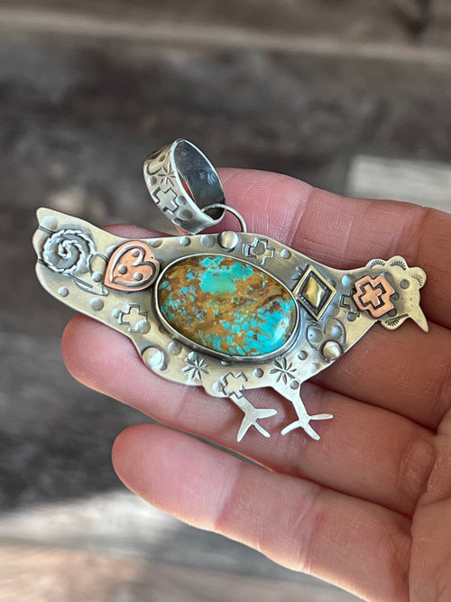 The Nizhoni Cluckers: Hand Stamped and Layered Sterling Silver, Brass, Copper & Kingman Turquoise Chicken Pendants by Kimari Somers