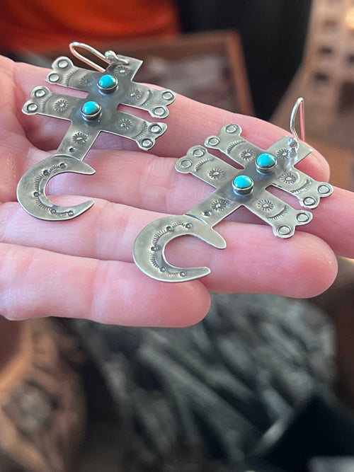 Hand Stamped Sterling Silver Dragonfly Cross Crescent Moon Dangle Earrings with Kingman Turquoise by Kimari Somers, Shaped Bars