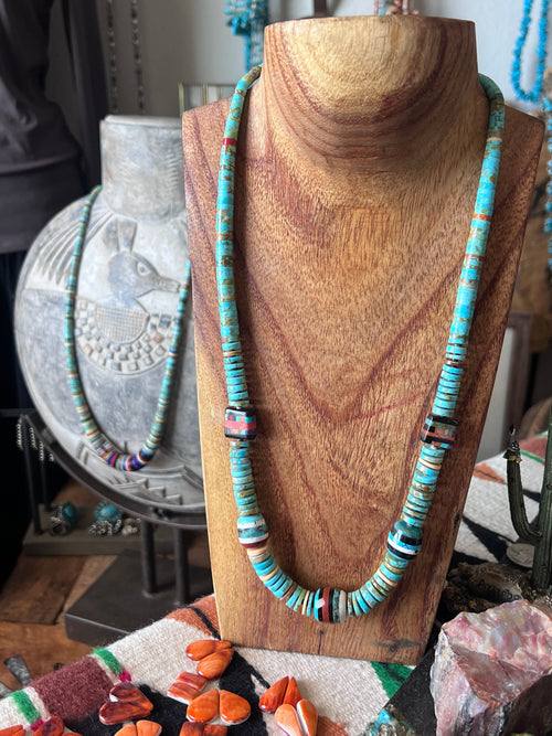 Ronald Chavez Handcrafted Turquoise Heishi Beaded Santo Domingo Necklace with Layered Bead Accents