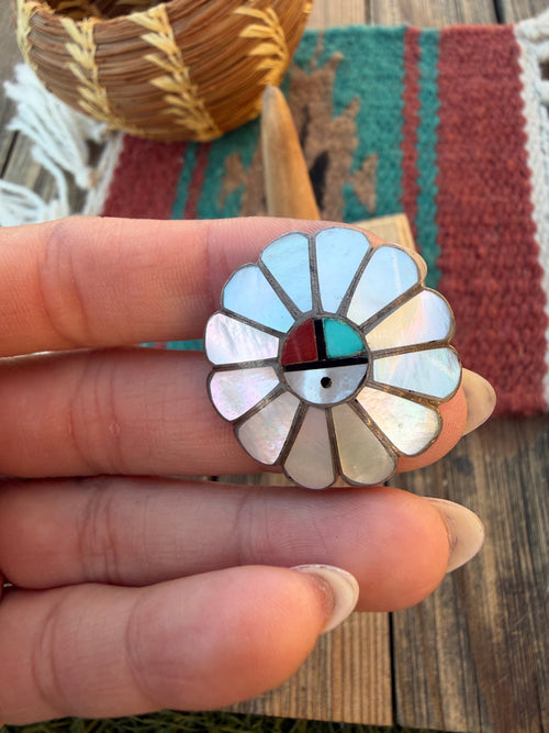 Old Pawn Handcrafted Multi Stone & Sterling Silver Sun Face Ring Size 4.5