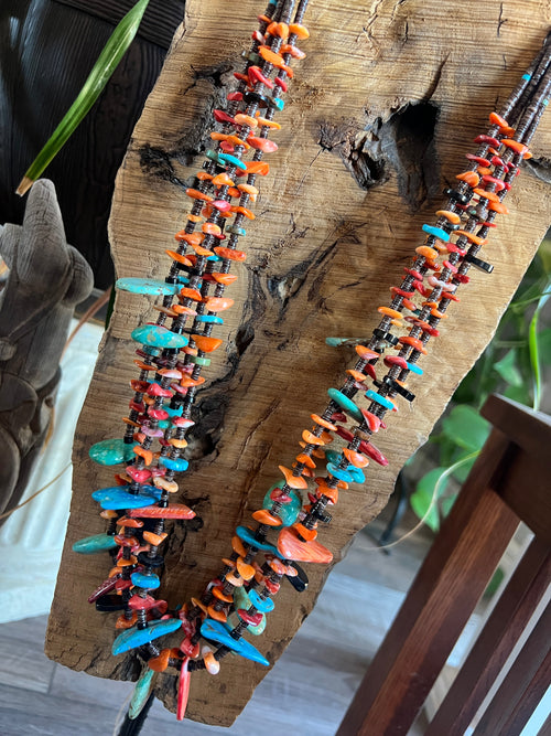 Gorgeous Santo Domingo Made Five Strand Spiny Oyster and Turquoise Beaded Squaw Wrap Necklace with Tabs by Daniel Coriz