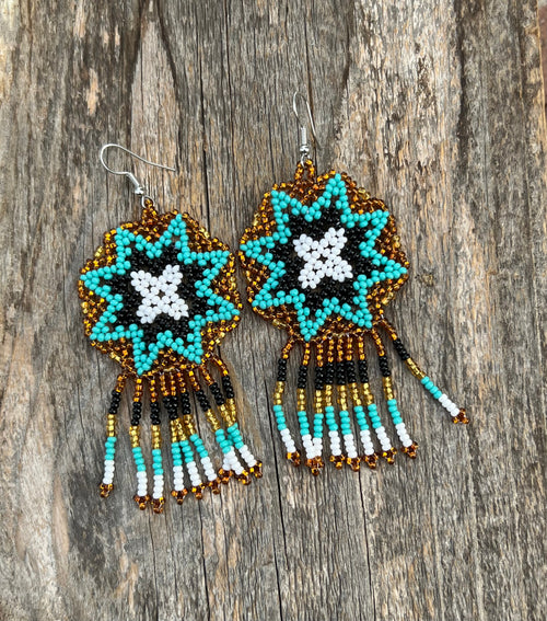 Handmade MultiColor Beaded Dangle Earrings (Gold & Turquoise)