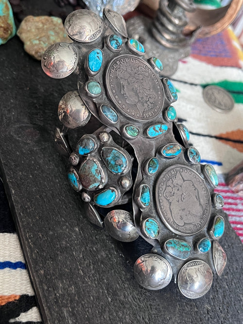 Insane Old Pawn Sterling Silver, Morgan Dollar, Buffalo Nickel and Turquoise Cuff Bracelet by Eric Drake