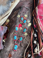Taos Collection: Kathleen Chavez Sterling Silver, Kingman Turquoise & Mediterranean Coral Necklace and Earrings Set