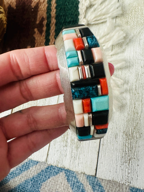 Old Pawn Navajo Multi Stone & Sterling Silver Inlay Cuff Bracelet