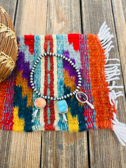 Handcrafted 3mm Sterling Silver Pearl, Turquoise & Spiny Oyster Blossom Stretch Bracelet