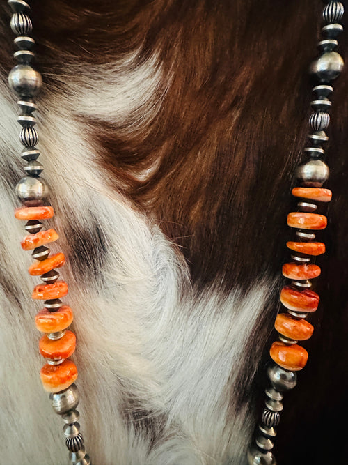 Handcrafted Spiny, Turquoise & Sterling Silver 24” Beaded Necklace by Chimney Butte