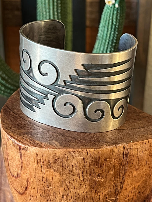 Old Pawn Sterling Silver Navajo Water Design Overlay Cuff, Unsigned