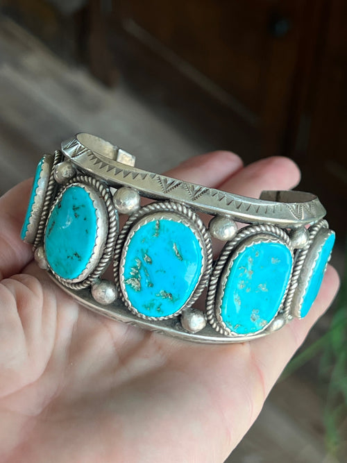 Old Pawn Navajo Sterling Silver and Natural Sleeping Beauty Turquoise Cuff Bracelet, Signed D
