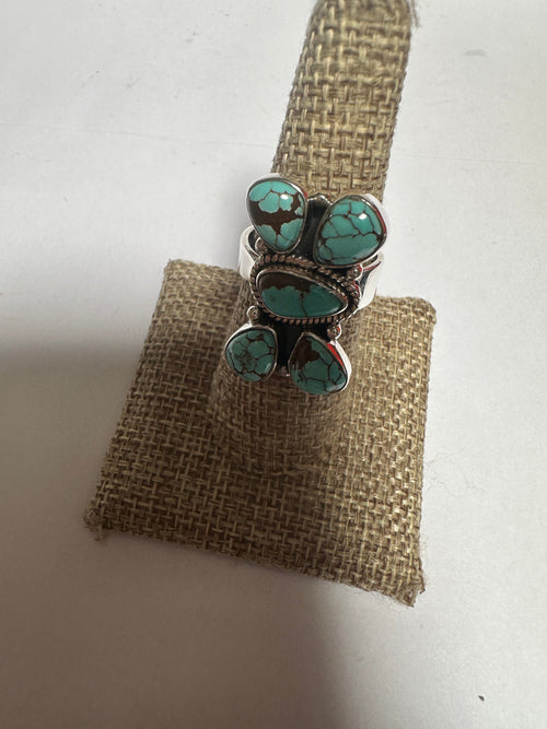 Beautiful Handmade Number 8 Turquoise And Sterling Silver Adjustable 5 Stone Ring