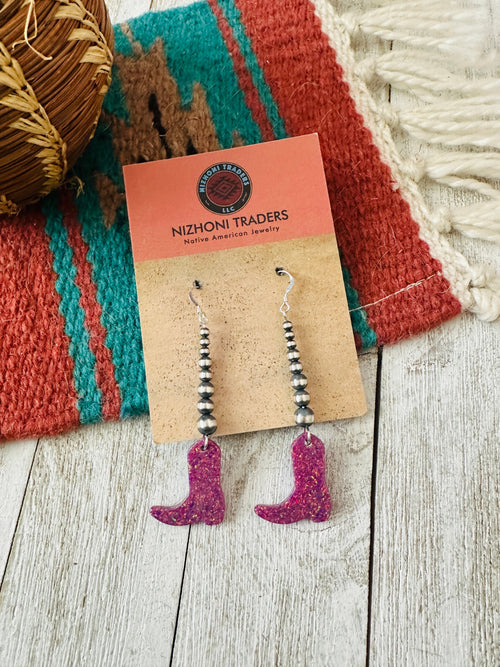 Summer Lovin’ Navajo Sterling Silver Pearl Beaded Opal Cowboy Boot Dangle Earrings